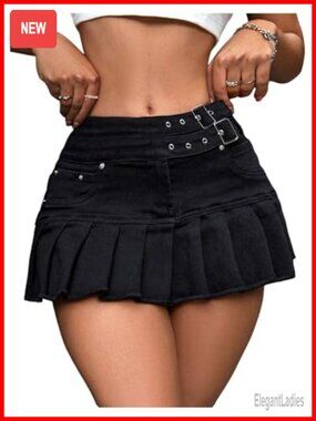 Y2K Denim Mini Skirt Pleated Flared Hem Casual